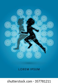 Children, Little Boy and girl running designed using grunge brush on fireworks background graphic vector.