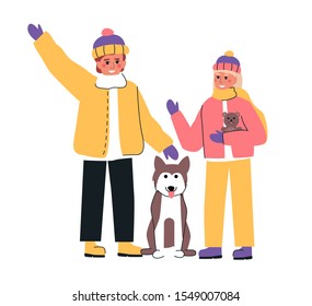 Children little boy and girl are standing in warm, winter clothes - hat, mittens, jacket, boots, with husky pet on white background. Vector illustration in flat cartoon style in trendy, modern color.