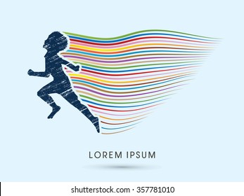 Children, Little Boy running designed using grunge brush with line colorful rainbows graphic vector.