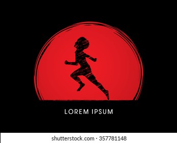 Children, Little Boy running designed using grunge brush on sunset background graphic vector.