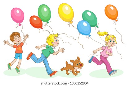 Children and little dog run for colorful balloons. In cartoon style. Isolated on white background. Vector illustration