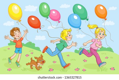 Children with a little dog run for colorful balloons on a warm summer day. In cartoon style. Vector illustration.