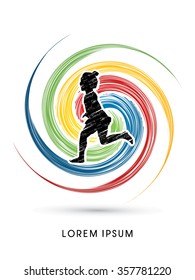 Children, Little girl running designed using grunge brush on colorful spin circle background graphic vector.