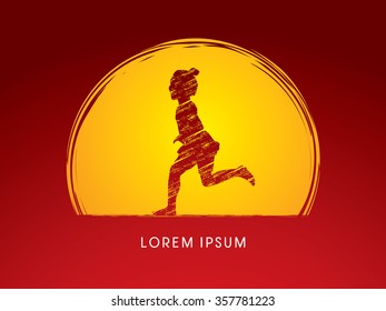 Children, Little Girl Running designed using grunge brush on moonlight background graphic vector.