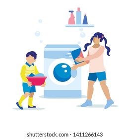 Children Load Laundry into Washing Machine Cartoon. Son Carrying Basin with Dirty Clothes, Daughter Putting Wash Powder. Household Chores. Kids Help to Parents Vector Isolated Illustration.