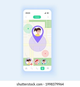 Children locator smartphone interface vector template. Mobile app page design layout. Useful feature for parents. Kids finding. Modern smartphone screen. Flat UI for application. Phone display