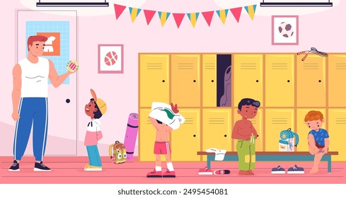 Children locker room. Kids indoor school gym cloakroom, football or basketball sport team young student changing athletic training dressing in lockers, classy vector illustration authors graphics