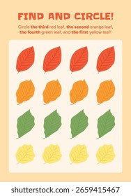 Children logic game. Educational math game for kids. Find and circle activity. Practice ordinal numbers with colorful autumn leaves. Flat cartoon vector illustration