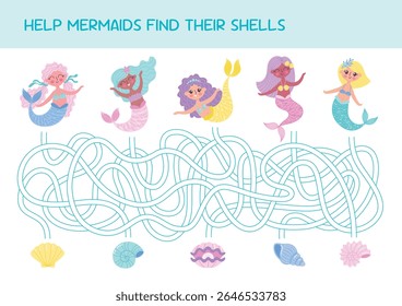 Children logic game to find path. Help mermaids find their shells. Educational game for kids. Funny cartoon characters. Worksheet page