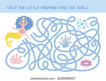 Children logic game to find path. Help the mermaid find the shell. Educational game for kids. Funny cartoon characters. Worksheet page