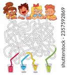 Children logic game to pass maze. Kids drink cocktails. Color straws and find out whose cocktail. Educational game for kids. Attention task. Choose right path. Funny cartoon character. Worksheet page