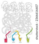 Children logic game to pass maze. Kids drink cocktails. Color the straws and find out whose cocktail. Educational game for kids. Attention task. Choose right path. Coloring book. Worksheet page
