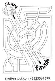 Children logic game to pass the maze. Car is on its way to finish line. Educational game for kids. Attention task. Choose the right way. Cartoon character. Vector illustration. Coloring book