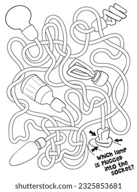 Juego de lógica infantil para pasar el laberinto. Las bombillas están enredadas en cables. Juego educativo para los niños. Tarea de atención. Elija la ruta correcta. Libro de colorear. Ilustración vectorial. Aislado sobre fondo blanco