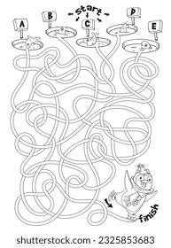 Children logic game to pass the maze. Penguin skates on ice. Educational game for kids. Attention task. Choose right path. Funny cartoon character. Coloring book. Worksheet page