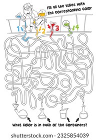 Children logic game to pass maze. Scientist in lab is pouring colorful solution into tubes. Educational game for kids. Attention task. Choose right path. Coloring book. Worksheet page