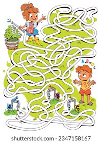 Children logic game to pass the maze. Girl and boy watering flowers. Educational game for kids. Attention task. Choose right path. Funny cartoon character. Vector illustration. Worksheet for book