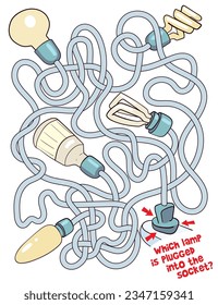 Kinderlogik Spiel, um das Labyrinth zu passieren. Bulben sind in Drähten verwickelt. Erziehungsspiel für Kinder. Aufmerksamkeitsaufgabe. Wählen Sie den richtigen Weg aus. Hübscher Cartoon-Stil. Vektorgrafik. Einzeln auf weißem Hintergrund