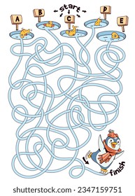 Children logic game to pass the maze. Penguin skates on ice. Educational game for kids. Attention task. Choose right path. Funny cartoon character. Isolated on white background. Worksheet page