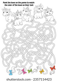 Children logic game to pass maze. Paint the bows on the ponies to match the color of the bows on their tails. Educational game for kids. Attention task. Choose right path. Funny cartoon character