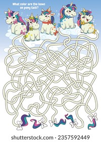 Children logic game to pass maze. What color are the bows on pony tails? Cute ponies sit on clouds. Educational game. Attention task. Choose right path. Funny cartoon character. Worksheet page