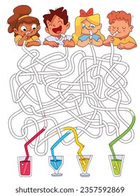 Children logic game to pass maze. Kids drink cocktails. Color straws and find out whose cocktail. Educational game for kids. Attention task. Choose right path. Funny cartoon character. Worksheet page