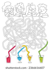 Children logic game to pass maze. Kids drink cocktails. Color the straws and find out whose cocktail. Educational game for kids. Attention task. Choose right path. Coloring book. Worksheet page