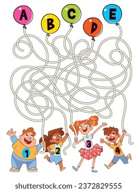 Children logic game to pass maze. Kids holding balloons. Educational game for kids. Attention task. Choose right path. Funny cartoon character. Worksheet page