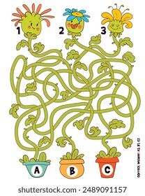 Children logic game to pass the maze. Potted flowers. Educational game for kids. Attention task. Choose right path. Funny cartoon character. Worksheet page. Vector illustration