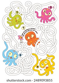 Children logic game to pass the maze. Color the octopuses tentacles and find out who gave the flower. Educational game for kids. Choose right path. Funny cartoon character. Worksheet page