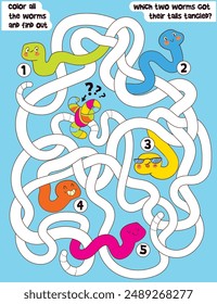 Children logic game to pass the maze. Color all the worms and find out which two worms got their tails tangled. Educational game for kids. Choose right path. Funny cartoon character. Worksheet page