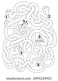 Children logic game to pass the maze. Color all the worms and find out which two worms got their tails tangled. Educational game for kids. Choose right path. Funny cartoon character. Coloring book