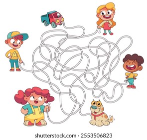 Children logic game to pass the maze. Educational game for kids. Choose right path. Funny cartoon character. Worksheet page. Colorful cartoon characters. Funny vector illustration. Isolated on white