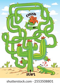 Children logic game to pass the maze. Help the lizard through the cactus maze. Educational game for kids. Choose right path. Funny cartoon character. Worksheet page