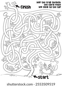 Children logic game to pass the maze. Help the crab through the coral maze and climb to the top. Educational game for kids. Choose right path. Funny cartoon character. Worksheet page. Coloring book