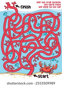 Children logic game to pass the maze. Help the crab through the coral maze and climb to the top. Educational game for kids. Choose right path. Funny cartoon character. Worksheet page