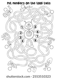Children logic game to pass the maze. Put numbers on the tool tags. Educational game for kids. Choose right path. Funny cartoon character. Worksheet page. Coloring book