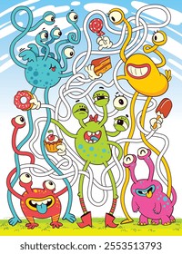 Children logic game to pass the maze. Find candy for the monster. Educational game for kids. Choose right path. Colorful cartoon characters. Funny vector illustration. Worksheet page