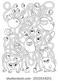 Children logic game to pass the maze. Find candy for the monster. Educational game for kids. Choose right path. Funny cartoon character. Worksheet page. Coloring book