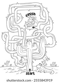 Children logic game to pass the maze. Help the lizard through the cactus maze. Educational game for kids. Choose right path. Funny cartoon character. Worksheet page. Coloring book