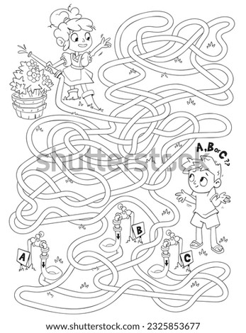 Children logic game to pass the maze. Girl and boy watering flowers. Educational game for kids. Attention task. Choose right path. Funny cartoon character. Vector illustration. Coloring book
