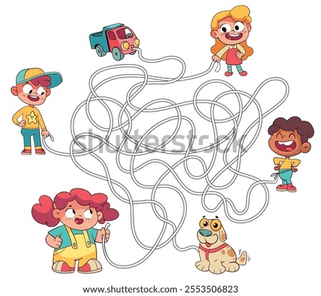 Children logic game to pass the maze. Educational game for kids. Choose right path. Funny cartoon character. Worksheet page. Colorful cartoon characters. Funny vector illustration. Isolated on white