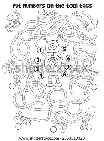 Children logic game to pass the maze. Put numbers on the tool tags. Educational game for kids. Choose right path. Funny cartoon character. Worksheet page. Coloring book