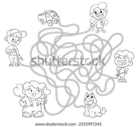 Children logic game to pass the maze. Educational game for kids. Choose right path. Funny cartoon character. Worksheet page. Black and white cartoon character. Funny vector illustration. Coloring book