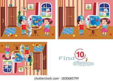 Children look at the bright fish in the aquarium. The cat also likes fish. Vector image. Children's educational game.Find 10 differences.