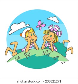 children look at a butterfly