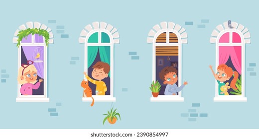 Children look from house windows in the morning greeting neighbors. Girls and boys stay at home. Cartoon neighborhood vector illustration . COVID-19 pandemic concept design.