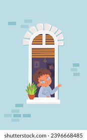 Children look from house windows in the morning greeting neighbors. Boy stay at home. Cartoon neighborhood vector illustration . COVID-19 pandemic concept design.