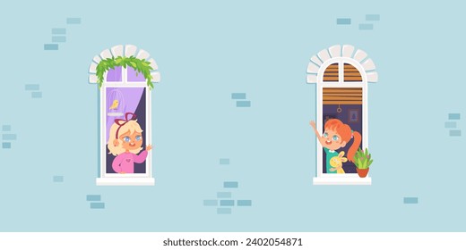 Children look from house windows in the morning greeting neighbors. Girls and boys stay at home. Cartoon neighborhood vector illustration . COVID-19 pandemic concept design.