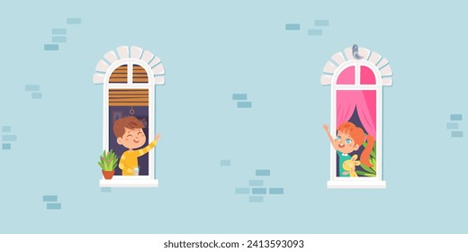 Children look from house windows in the morning greeting neighbors. Girls and boys stay at home. Cartoon neighborhood vector illustration . COVID-19 pandemic concept design.